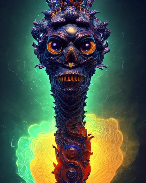 Image similar to 3 d ornate carved dark cosmic king with profile portrait, sigma 5 0 0 mm f / 5. beautiful intricate highly detailed quetzalcoatl skull. bioluminescent, plasma, lava, ice, water, wind, creature, thunderstorm! artwork by tooth wu and wlop and beeple and greg rutkowski, 8 k trending on artstation