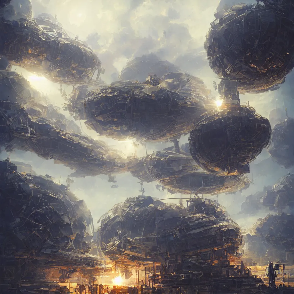 Prompt: dyson sphere program, by greg rutkowski, by rhads, by jesper ejsing, so many wires, sharp focus, man standing, colony, atom, crowd, steam punk, blue space ship in sky, astronaut, earthquake