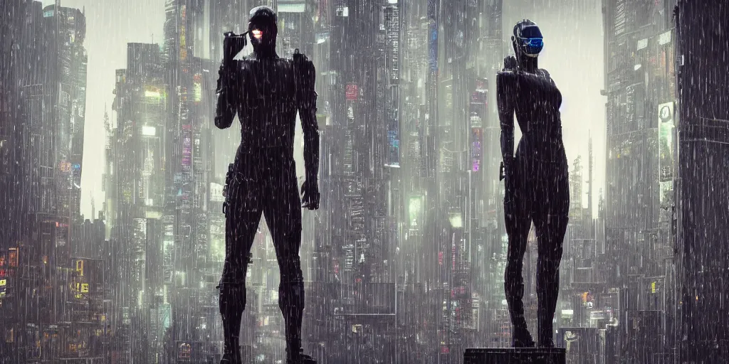 Image similar to cyberpunk statue, rain, space