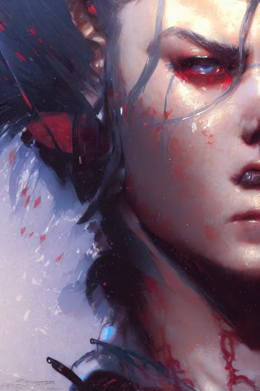 Image similar to extreme close up jinx arcane high detail portrait dnd, painting by gaston bussiere, craig mullins, greg rutkowski, yoji shinkawa