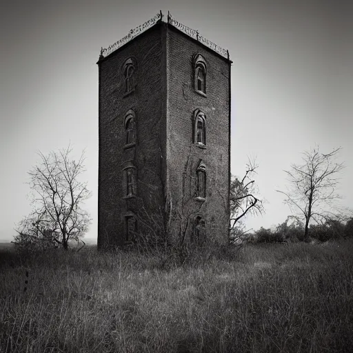Prompt: Photograph of the abandoned wizard\'s tower in the overgrown garden. Paul Caponigro.