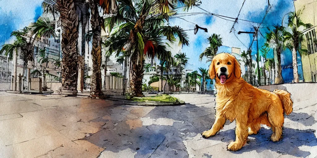 Image similar to portrait golden retriever dog standing in tel aviv street looking at the camera. palm trees. optimistic. digital art. watercolor. highly detailed. drawing. art. colorful. fluffy