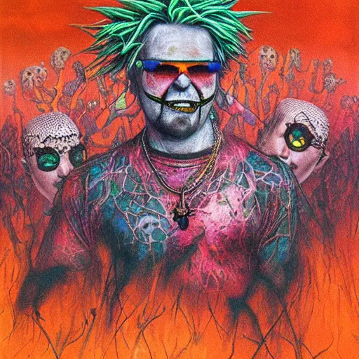 Prompt: guy fieri wearing a neon colored mesh crop top and pit vipers, insane clown posse mosh pit, art by beksinski