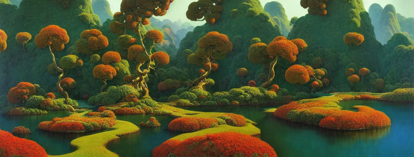 Image similar to a gorgeous very early spring series of lush islands separated by flower - lined streams, twisted gardens, painting by barlowe wayne maxfield parrish and marco mazzoni. tree no leaf!!!! china mountain village!! very little light verdancy. ultra clear detailed. 3 d, octane render. turbulent blood lake.