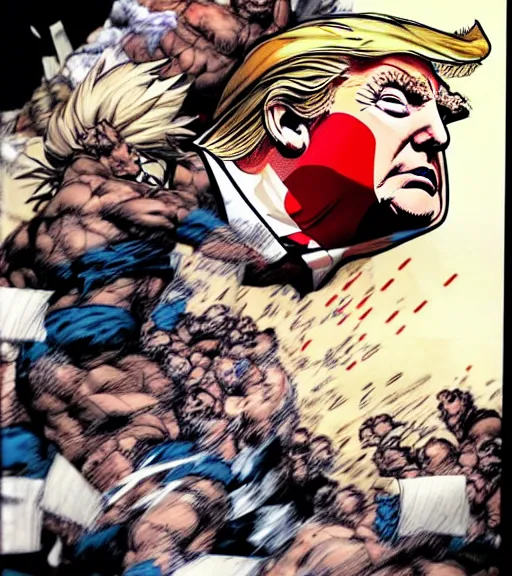 Prompt: a scene of donald trump being smothered with a pillow, comic book art, by yoji shinkawa and takehiko inoue and kim jung gi, masterpiece, perfect