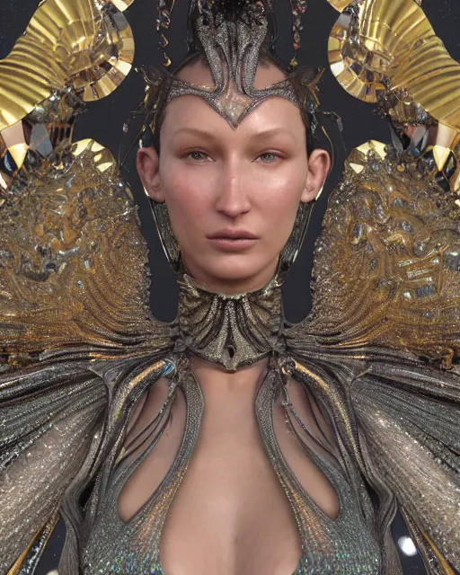 Image similar to a highly detailed metahuman 4 k close up render of an alien goddess bella hadid as alien in iris van herpen dress schiaparelli in diamonds crystals swarovski and jewelry iridescent in style of alphonse mucha gustav klimt trending on artstation made in unreal engine 4