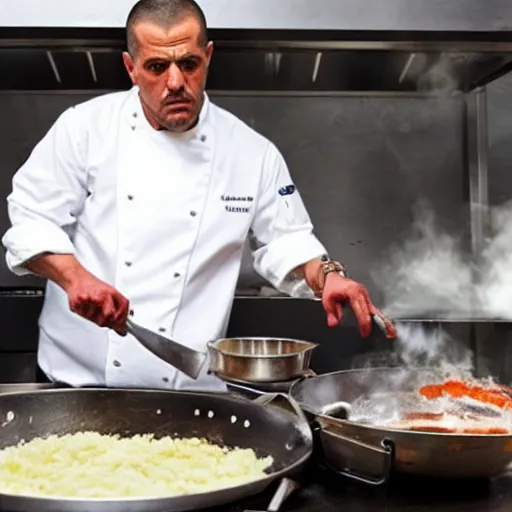 Prompt: tuco from breaking bad with a chefs hat cooking a delicious meal of blue meth