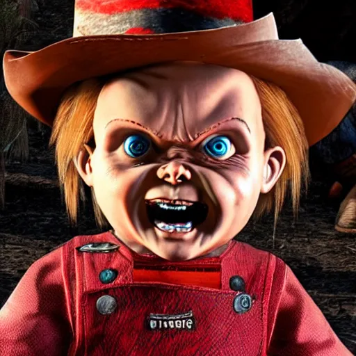 Prompt: Chucky the doll in red dead redemption 2 4K detail