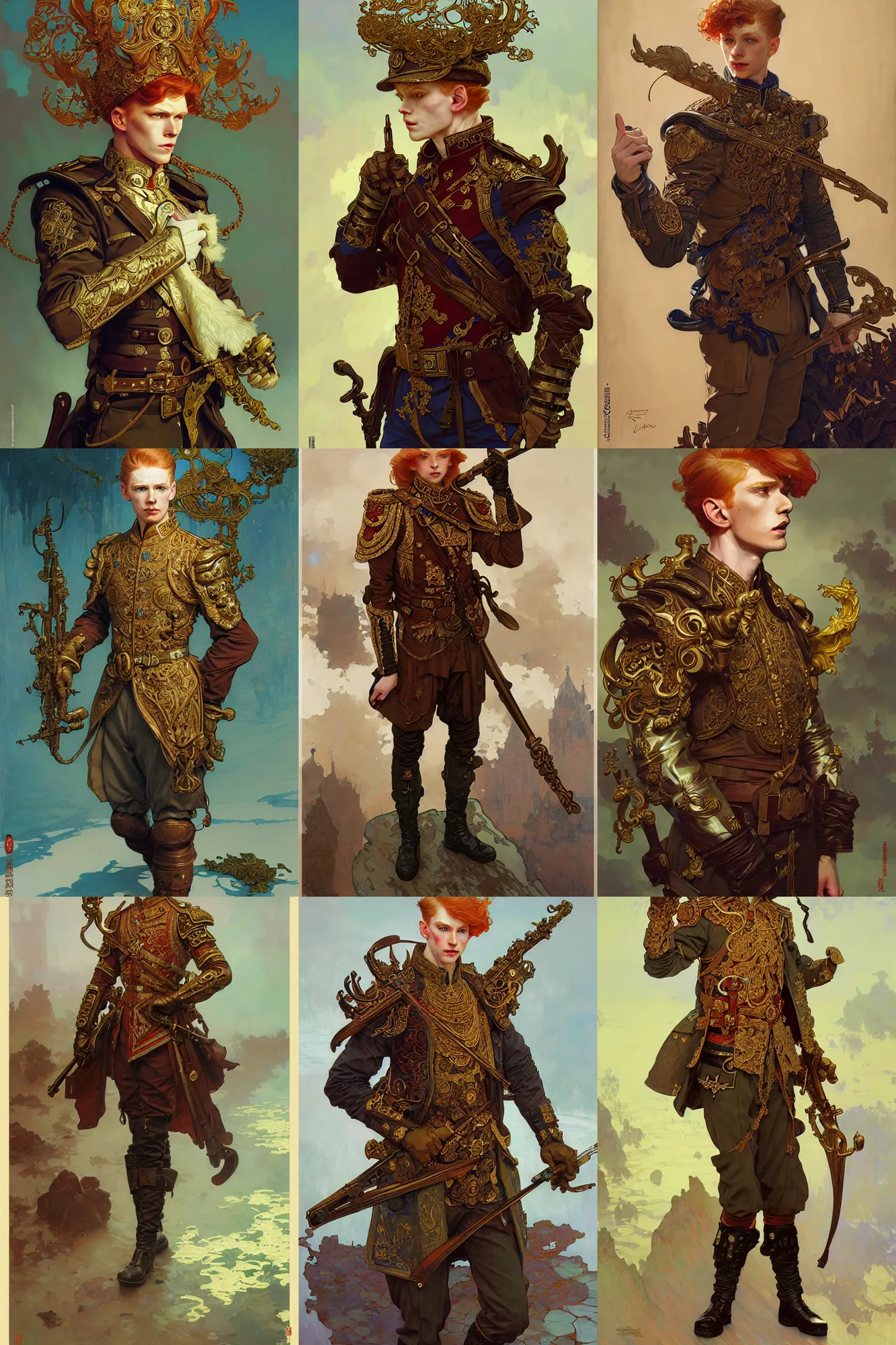 Prompt: young ginger male officer, russian clothes, fantasy, highly detailed, intricate, smooth, art by joseph leyendecker, peter mohrbacher, ruan jia, marc simonetti, ayami kojima, cedric peyravernay, alphonse mucha, victo ngai