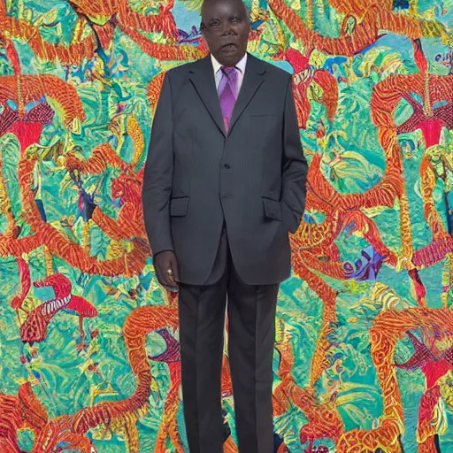 Image similar to a painting of a XXL Loving, caring, generous, ever-present, humble, wise elder from Kenya in a suit by Kehinde Wiley . Fatherly/daddy, focused, loving, leader, relaxed,. ethereal lights, details, smooth, sharp focus, illustration, realistic, cinematic, artstation, award winning, rgb , unreal engine, octane render, cinematic light, macro, depth of field, blur, red light and clouds from the back, highly detailed epic cinematic concept art CG render made in Maya, Blender and Photoshop, octane render, excellent composition, dynamic dramatic cinematic lighting, aesthetic, very inspirational, arthouse.