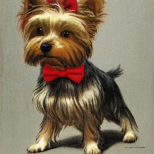 Image similar to a Yorkshire terrier at a bar wearing a bow tie, extremely detailed masterpiece, illustration, by Michael Sowa,