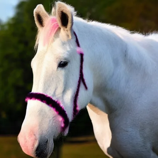 Prompt: a horse with pink dot pattern fur