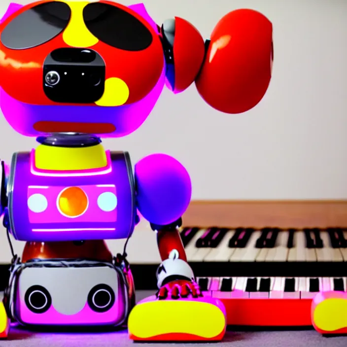 Image similar to a furry dog robot generating beautiful music, colorful, vivid