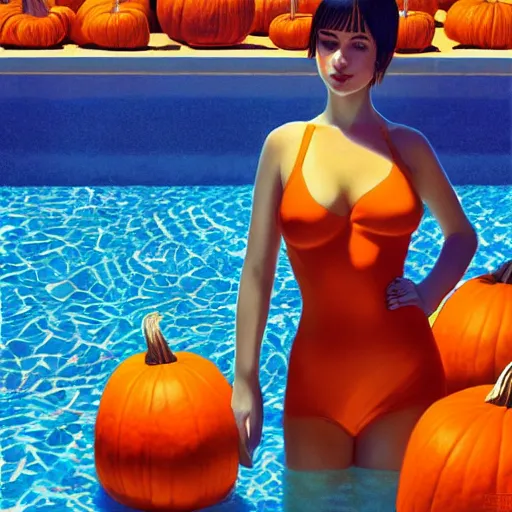Image similar to Goddess young girl with big bust wearing orange latex dress and yelliw gloves in a swimming pool full of pumpkins by Ilya Kuvshinov