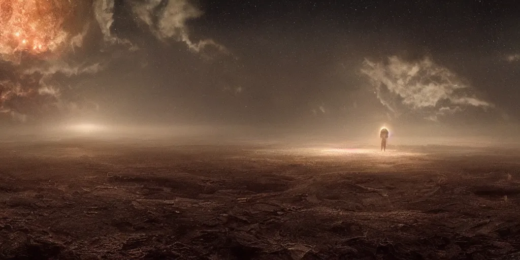 Prompt: a beautiful award-winning photo of a man dying from radiation sickness, being the last soul in the universe, serene post-nuclear background, a huge nuclear cloud, fire, cosmic horror, depression, intricate details, volumetric lighting, haze, very high quality, extremely detailed, subtle visual noise, hyperrealistic, 8K