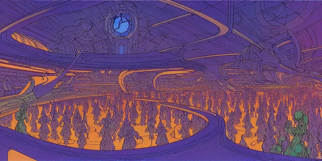 Image similar to cel shaded cinematic shot of the interior of a sci-fi space station with ornate Elven architecture bustling with people, epic castle, emerald, crystalline, detailed illustration, sharp focus, crisp lines, art by Moebius!!!, Jean Giraud Moebius!!! comic illustration