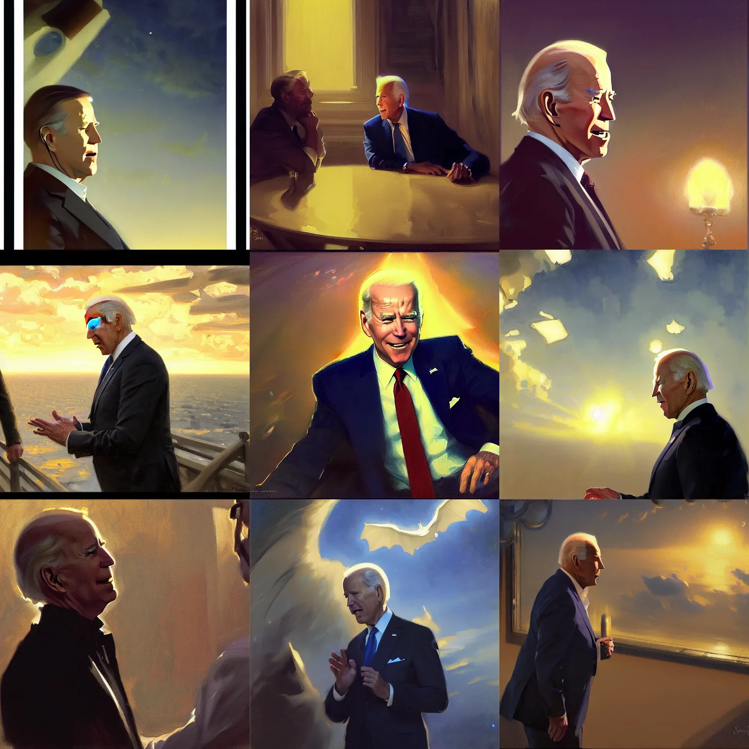 Prompt: curvature of space - time in the wind, fine details joe biden talking to satan. night setting. realistic shaded lighting poster by, john singer sargent, jc leyendecker, jeremy lipkin and michael garmash, rob rey and kentaro miura style, trending on art station