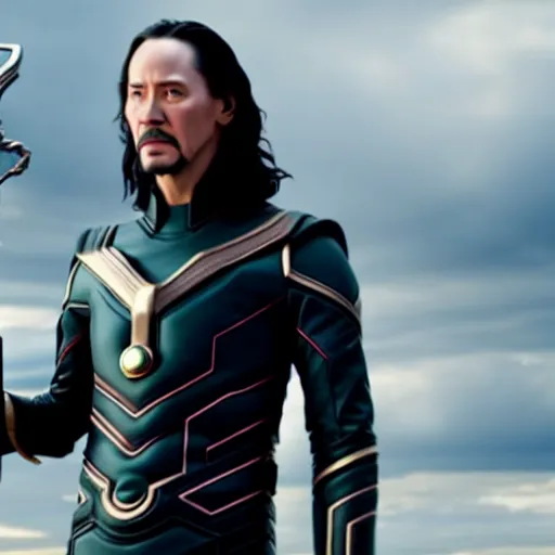 Image similar to film still of Keanu Reeves as Loki holding scepter in Avengers Endgame