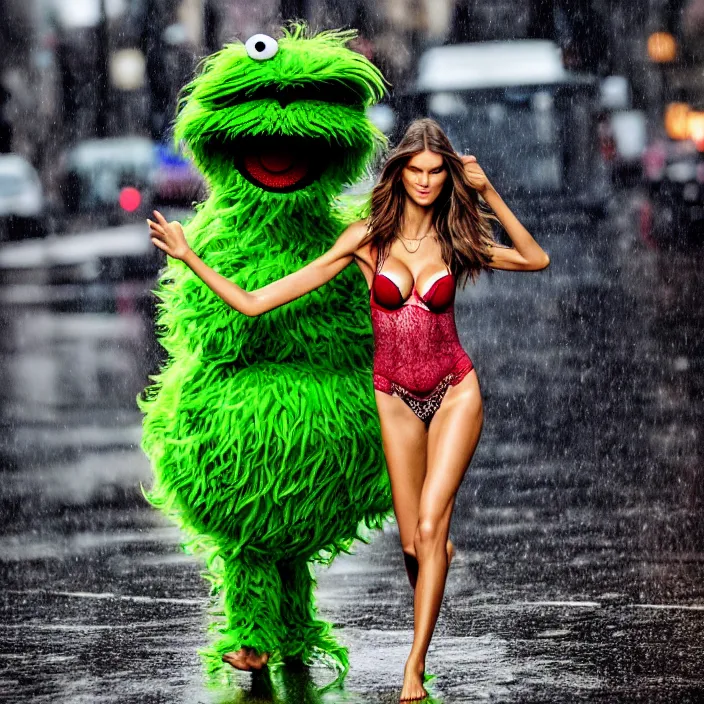 Prompt: fully body pose, photo of a very beautiful!! victoria secret model, oscar the grouch, wet hair, raining, 8 k, hdr, smooth, sharp focus, high resolution, award - winning photo, trending on artstation, dslr, 5 0 mm