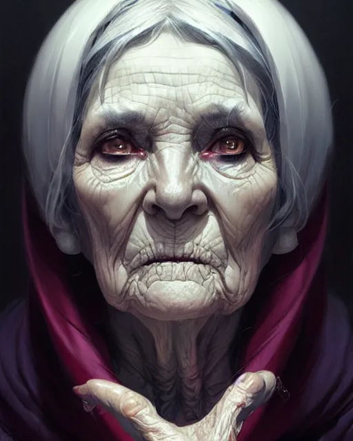 Prompt: a female necromancer old woman | | elderly - face, wrinkled face, realistic shaded perfect face, fine details. anime. realistic shaded lighting poster by greg rutkowski, magali villeneuve, artgerm, jeremy lipkin and michael garmash and rob rey