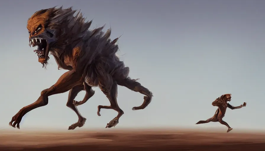 Image similar to concept art of beast running across the open desert, jama jurabaev, trending on artstation, high quality, brush stroke