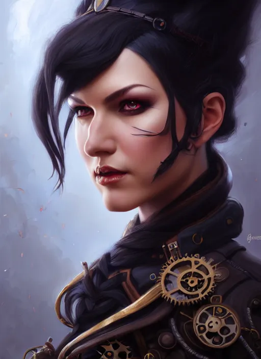Prompt: a _ fantasy _ style _ portrait _ painting _ of steampunk woman, ponytail black hair, round face, rpg dnd oil _ painting _ unreal _ 5 _ daz. _ rpg _ portrait _ extremely _ detailed _ artgerm _ greg _ rutkowski _ greg