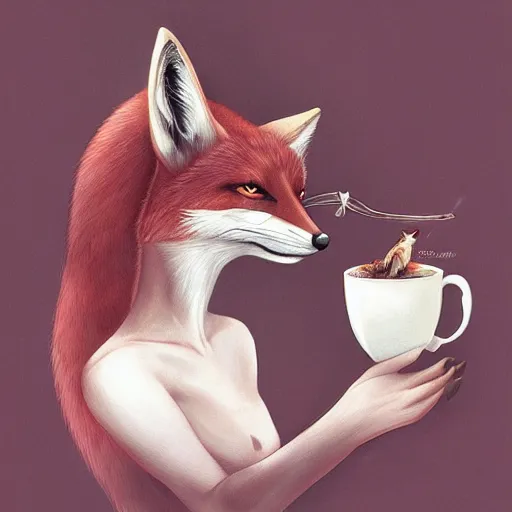 Prompt: A beautiful fox drinking tea by Anna Dittmann
