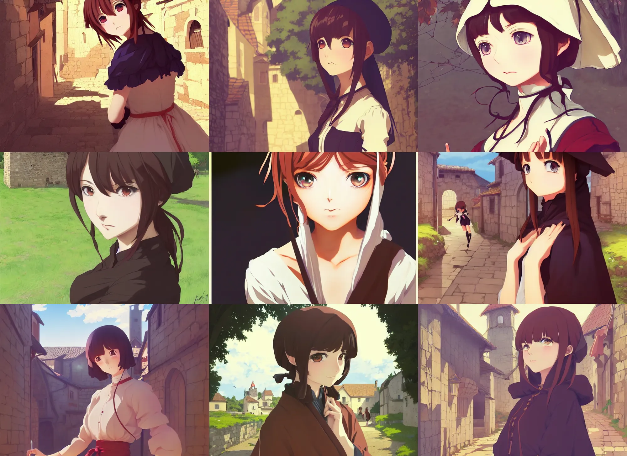 Prompt: anime visual, portrait of a young female in a medieval village, low light, cute face by ilya kuvshinov, yoh yoshinari, makoto shinkai, dynamic pose, dynamic perspective, cel shaded, flat cel shading mucha, rounded eyes, crisp smooth clean lines, dramatic