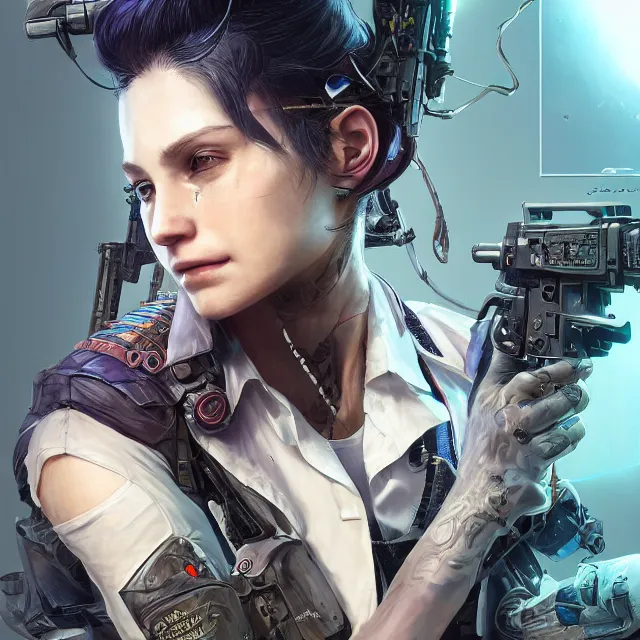 Image similar to the portrait of lawful neutral female cyberpunk marine sniper as absurdly beautiful, gorgeous, elegant, young gravure idol, an ultrafine hyperdetailed illustration by kim jung gi, irakli nadar, intricate linework, bright colors, octopath traveler, final fantasy, unreal engine 5 highly rendered, global illumination, radiant light, detailed and intricate environment