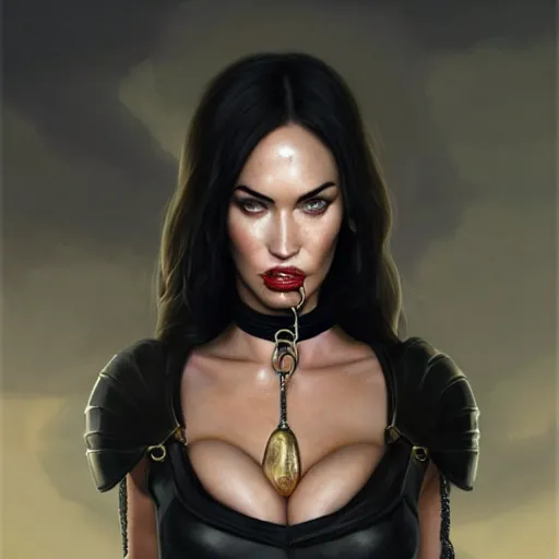 Image similar to portrait of megan fox with ball gag, muscular upper body, collar, greek, jewelry, black dress, fantasy, intricate, elegant, highly detailed, digital painting, artstation, concept art, matte, sharp focus, illustration, art by aenaluck and roberto ferri and greg rutkowski, epic fantasy, digital painting