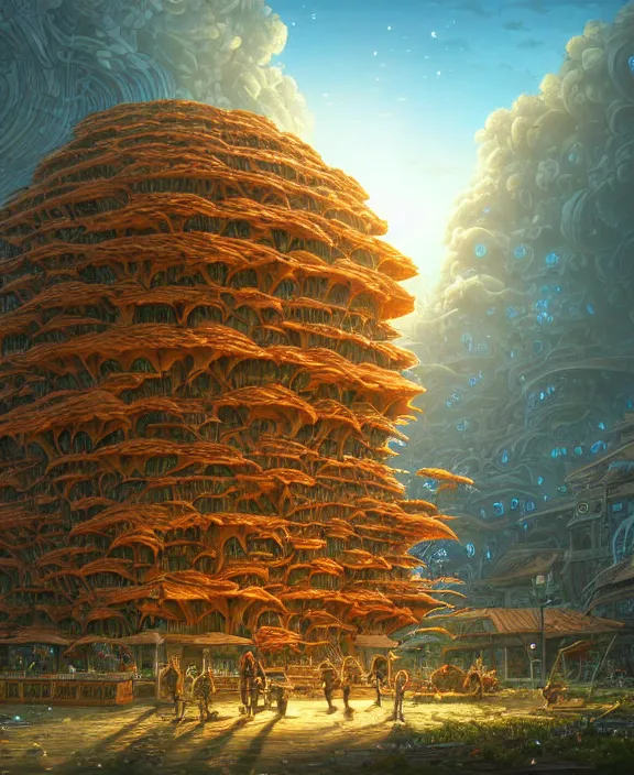 Image similar to a building made of exotic fungus, by dan mumford, yusuke murata, makoto shinkai, ross tran, cosmic, heavenly, god rays, intricate detail, cinematic, cel shaded, unreal engine, featured on artstation, pixiv