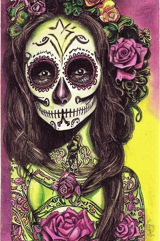 Prompt: Illustration of a sugar skull day of the dead girl, art by Ernst Fuchs