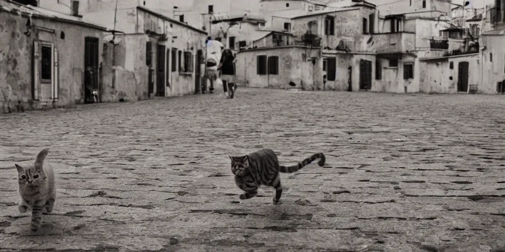 Image similar to photography of a cat running away with mortadella in his mouth at trullo houses town in the background, photoreal, 3 5 mm, award winning photography