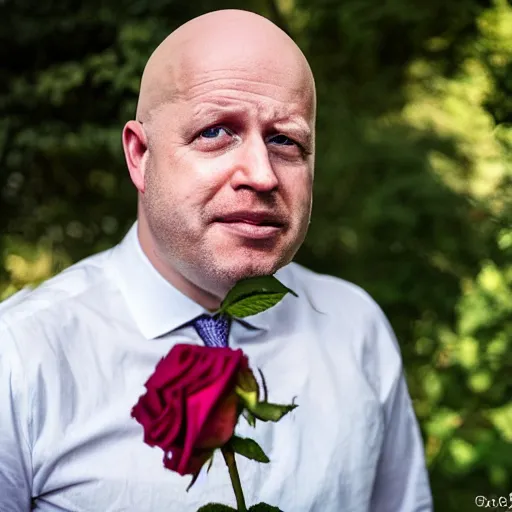 Prompt: A realistic photo of a bald Boris Johnson with a rose tattoo, bald, bald, bald, m.zuiko 75mm, f 1.8, 1/400, RAW, unedited, 8K, high quality,