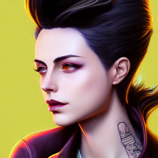 Image similar to a portrait of a beautiful willa holland pompadour long hair leather jacket, art by lois van baarle and loish and ross tran and rossdraws and sam yang and samdoesarts and artgerm, digital art, highly detailed, intricate, sharp focus, trending on artstation hq, deviantart, unreal engine 5, 4 k uhd image