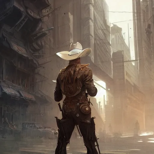 Image similar to full figure ultra realistic illustration, ed harris wearing a cowboy outfit in a dystopian city, intricate, elegant, highly detailed, digital painting, artstation, concept art, smooth, sharp focus, illustration, art by artgerm and greg rutkowski and alphonse mucha