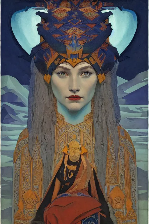 Image similar to queen of the north, by Nicholas Roerich and Annie Swynnerton and Diego Rivera and John William Godward, dramatic cinematic lighting , ornate headdress , flowing robes, sacred artifacts, lost civilizations, smooth, sharp focus, extremely detailed