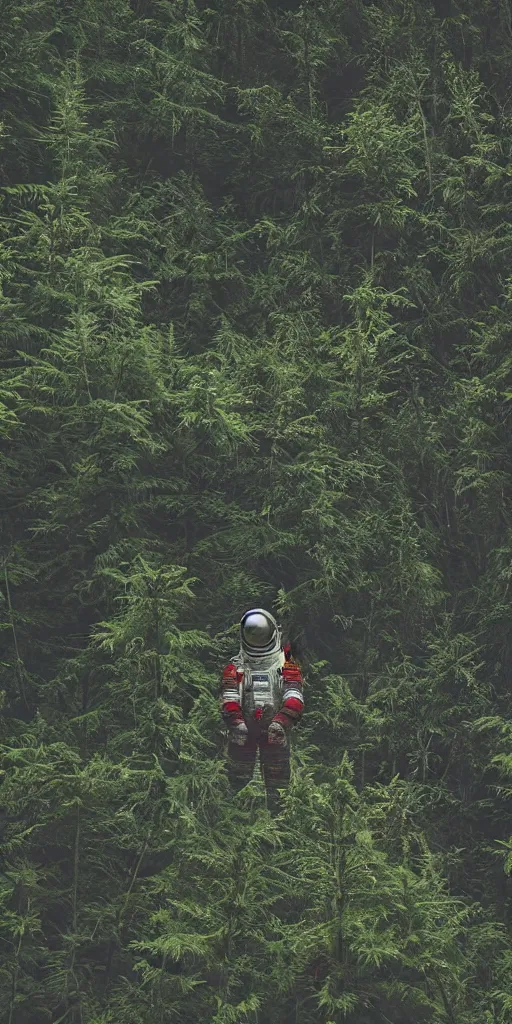 Image similar to american astronaut in the forest plants environment wide angle cinematic lighting atmospheric realistic octane render highly detailed in th