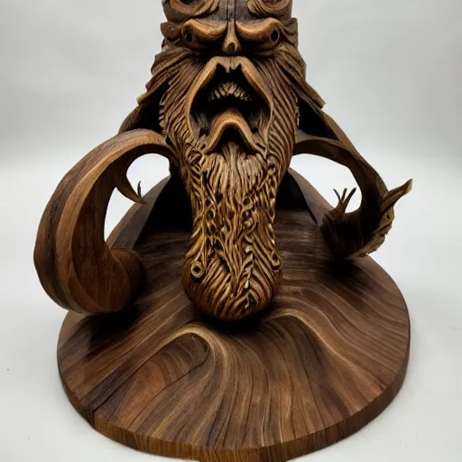 Image similar to wooden sculpture of a bearded viking fighting cthulhu, polished maple, thoughtful, elegant, real