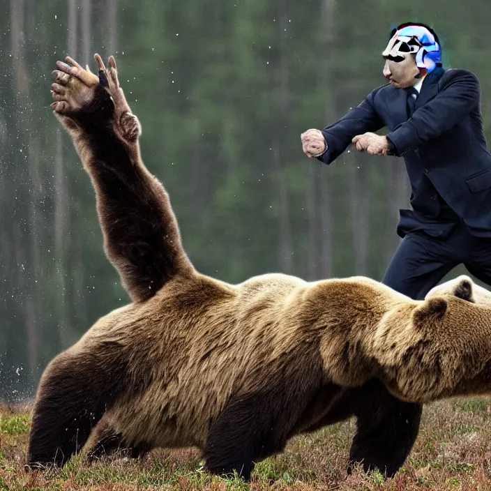 Prompt: russian president vladimir putin fighting with bear, 8 k, post - processing, extremely hyper - detailed, epic composition, masterpiece, stunning