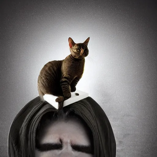 Image similar to a cat sitting on an angry man's head, stock photo