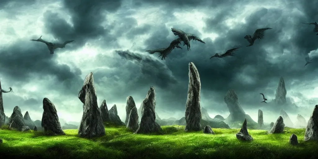 Image similar to fantasy landscape, ancient Ireland, standing stones, dramatic clouds, atmospheric, green hills, dinosaurs, ancient Irish hunters riding dinosaurs