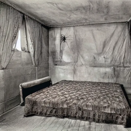 Image similar to wide angle photograph of a cozy bedroom designed by hr giger