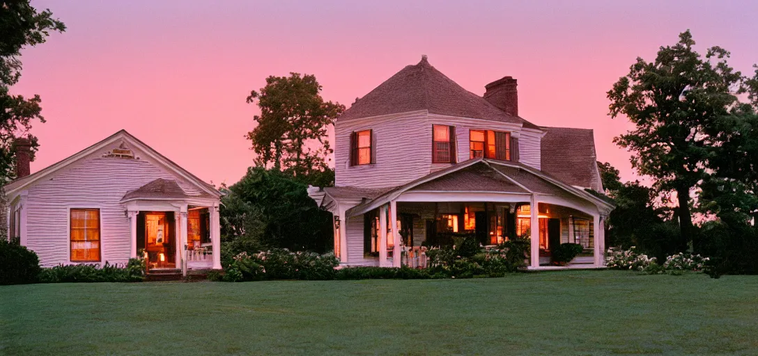 Image similar to american foursquare house designed by dali, david lynch, and cartier at sunset. cinematic. fujinon premista 1 9 - 4 5 mm t 2. 9. portra 8 0 0.