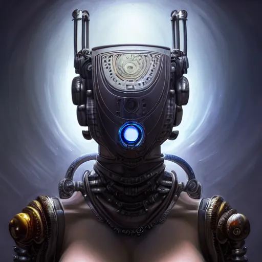 Image similar to front shot of a cyberpunk gazmask robot character, intricate, elegant, highly detailed, centered, digital painting, artstation, concept art, smooth, sharp focus, illustration, artgerm, Tomasz Alen Kopera, Peter Mohrbacher, donato giancola, Joseph Christian Leyendecker, WLOP, Boris Vallejo