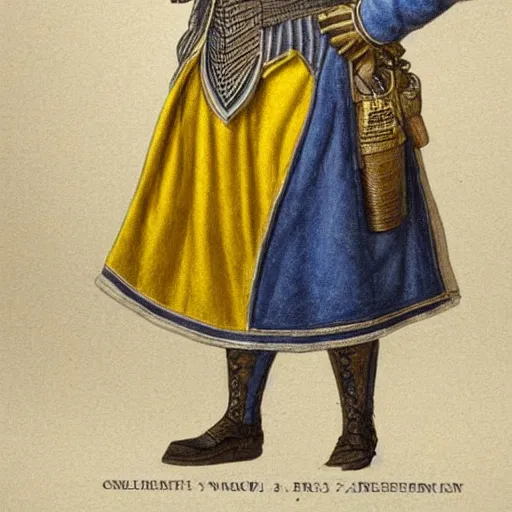 Image similar to high quality high detail character design of a colonial general, blue and yellow, photorealistic lighting