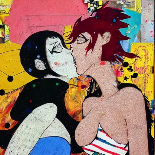 Prompt: two anime women kissing at a carnival, mixed media collage, retro, paper collage, magazine collage, acrylic paint splatters, bauhaus, abstract claymation, layered paper art, sapphic visual poetry expressing the utmost of desires by jackson pollock