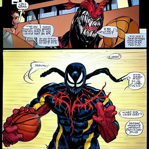 Image similar to venom from marvel doing a slam dunk in basketball