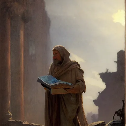 Image similar to half portait of monk wearing a closed cowl and big old book! chained to the wrist, jeremy mann, jean - leon gerome, tiepolo, alphonse mucha, greg rutkowski, face in the shadows, ( ( ruins of ancient rome ) ), at dusk, mysterious atmosphere, sunrays, dof, high detailed, 8 k