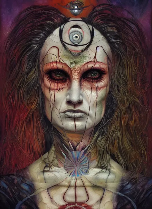 Image similar to tripping magic cult psychic woman, painted face, third eye, energetic consciousness psychedelic, epic surrealism expressionism symbolism, symmetrical face, dark myth mythos, by joao ruas, masterpiece